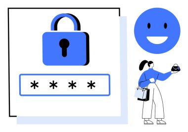 Kilit simgesi, şifre alanı ve alışveriş torbaları ve kredi kartı ile gülümseyen müşteri çevrimiçi güvenlik ve müşteri memnuniyetini vurgula. E-ticaret, siber güvenlik, güven, güvenlik, mahremiyet için ideal