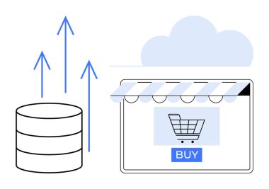 Fıçı şeklinde veri tabanı, bir alışveriş arabası ve bir bulutun altında bir satın alma düğmesi bulunan online bir mağaza ekranının yanında yukarı doğru mavi oklar. E-ticaret, bulut hesaplama, veri yönetimi için ideal, çevrimiçi