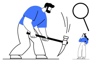 Elinde kazma tutan bir adam, sorgulama pozisyonunda elinde büyüteç tutan bir kadınla birlikte fiziksel işçilik yapıyor. Takım çalışması için ideal, iş rolleri, kariyer keşfi, araştırma, iş gücü, analiz, meslek. Mavi