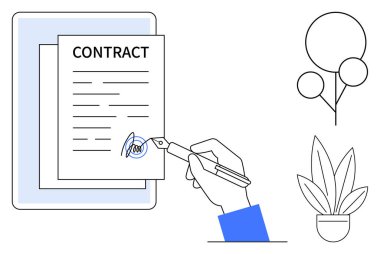 Dijital tablette sergilenen bir kontrat belgesine el ele tutuşurken yanında balon ve saksı bitkisi de bulunuyor. İş anlaşmaları, dijital sözleşmeler, yasal belgeler için ideal