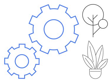 Bir ağaç ve bitkinin basit siyah çizgilerinin yanında soyut çizgi şeklinde çizilmiş iki mavi vites. Sürdürülebilirlik, çevre dostu teknoloji, yenilik, mühendislik, uyum, büyüme için ideal