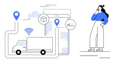 Mobil cihazda kamyon, paket ve coğrafi konumuyla eş zamanlı teslimat yapan bir kadın. Lojistik, dağıtım takibi, e-ticaret, ulaşım yönetimi, navigasyon teknolojisi için ideal