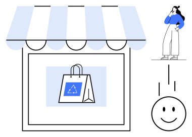 Tente, geri dönüşüm logosu olan iki alışveriş torbası, gülen surat, kadın düşüncesi. Sürdürülebilirlik, perakende satış, müşteri memnuniyeti, çevre dostu alışveriş, tüketici alışkanlıkları için ideal