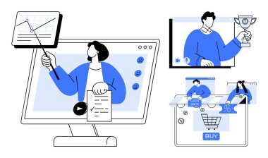 Grafiği gösteren sunucu, elinde kupa tutan kişi ve online alışveriş yaparken el arabasına bir şeyler ekleyen insanlar. Çevrimiçi eğitim, sanal etkinlikler, e-ticaret, pazarlama, iş stratejisi, uzaktan kumanda
