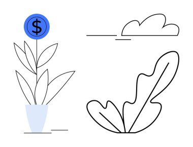 Dolar işaretli saksı bitkisi soyut yaprak ve bulutun yanında gelişiyor. Finansal büyüme, yatırım, zenginlik yönetimi, ekonomik refah, doğa, denge ve minimalist tasarım kavramları için ideal