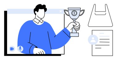 Elinde video çağrı simgeleriyle bilgisayar ekranından çıkan bir kupa tutan kişi. Ek unsurlar bir alışveriş çantası ve bir kullanıcı profili belgesi. Başarı, tanınma ve uzak çalışma için ideal