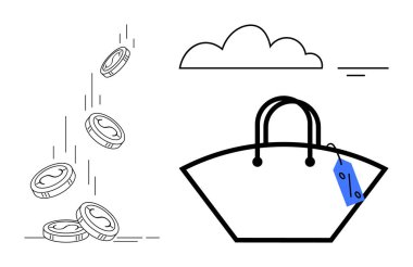Gökten düşen madeni paralar, bulutların altında fiyat etiketi olan bir alışveriş çantasına düşüyor. E-ticaret, tasarruf, çevrimiçi alışveriş, mali büyüme, tüketici davranışı, perakende pazarlama, yatırım için ideal