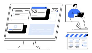 Adam, metin, görüntü ve video elementleri de dahil olmak üzere geniş bir dijital ekranda çeşitli içerikleri araştıran bir dizüstü bilgisayarla oturuyor. E-ticaret, uzaktan çalışma, dijital pazarlama, çevrimiçi öğrenme, web için ideal
