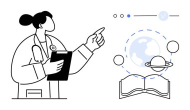 Tıbbi uzmanlar panoyu tutarken işaret ediyor, Dünya ve gezegen sistemi ile açık bir kitap. Eğitim, sağlık, bilim, akademisyenler, öğrenme, sunumlar ve bilgi paylaşımı için ideal