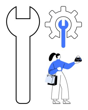 Alışveriş torbalı bir ampul tutan kişi, İngiliz anahtarı, İngiliz anahtarı sembollü teçhizat. Yenilik için ideal, problem çözme, onarım, teknik destek, mühendislik yaratıcılığı çözümleri. Soyut