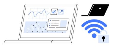 Grafik çizelgeleri ve veri analiz ekranlarını gösteren dizüstü bilgisayar, siyah laptop silueti, asma kilitli mavi kablosuz sinyal. Teknoloji, güvenlik, bağlantı, veri analizi ve uzak çalışma için ideal