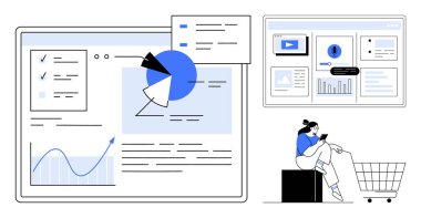 Bir kişi çevrimiçi alışveriş yaparken dizüstü bilgisayarlarda grafikler, grafikler ve analizler görülüyor. Veri analizi, kullanıcı girişimi, dijital pazarlama, e-ticaret, çevrimiçi davranış iş zekası için ideal