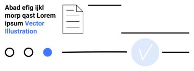 Metin satırları olan belge simgesi, mavi daire içinde kontrol işareti, üç yuvarlak durum göstergesi, rastgele Latince metin. Arayüz tasarımı, dökümantasyon, süreç görselleştirmesi, iş akışı için ideal