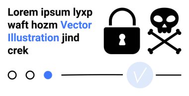 Kilit, kafatası ve çapraz kemikler, ve metin ile kullanıcı arayüzü elementleri. Siber güvenlik, çevrimiçi güvenlik, dijital koruma, veri gizliliği, hacker tehdit sistemi uyarıları için idealdir. İniş