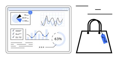 İndirim etiketli bir alışveriş çantasının yanında grafikler, pasta grafiği ve analitik verileri gösteren dijital gösterge paneli. E-ticaret, perakende analizi, mobil uygulamalar, veri analizi, pazarlama stratejisi için ideal