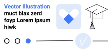 Yer tutucu, mavi kalp ikonu, mezuniyet şapkası, kontrol işareti, daireler ve çizgiler olan metin. Eğitim, başarılar, onay tasarım unsurları için ideal web grafik tutucuları modern tasarım