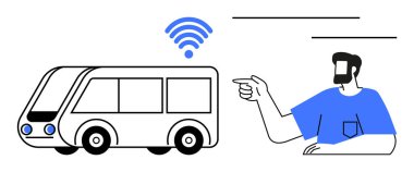 Üzerinde kablosuz sinyal olan modern bir otobüs, mavi gömlekli bir banliyö şoförü, iletişimi gösteren çizgiler. Teknoloji, ulaşım, bağlantı, akıllı şehir, banliyö deneyimi, dijital yaş