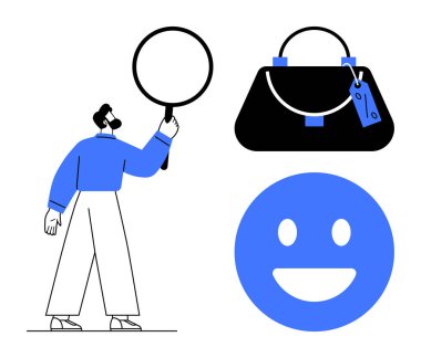 Büyüteç tutan adam, mavi etiketli siyah el çantası, büyük mavi gülen yüz ifadesi. Alışveriş, kalite denetimi, tüketici tercihleri, memnuniyet, perakende, dikkatli inceleme için ideal