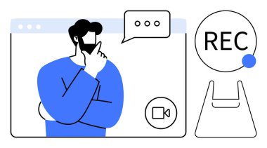 Görüntülü arama yapan adam, düşünce baloncuğu, kayıt göstergesi, kamera simgesi ile yüze dokunuyor. Dijital iletişim için ideal, çevrimiçi toplantılar, beyin fırtınası, sanal işbirliği, uzaktan çalışma, webinarlar