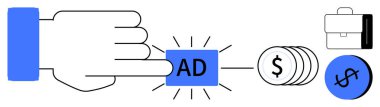 Büyük bir el ile AD tuşuna basmak, madeni para sembolleri, iş çantası ve dolar işaretlerine yol açar. Pazarlama stratejileri, iş büyümesi, dijital reklamcılık, çevrimiçi para, gelir için ideal