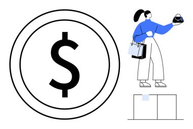 Alışveriş torbaları ve internetten satın almak için büyük bir dolar işaretinin yanında bir telefon tutan bir kadın. Temalar için ideal E-ticaret, perakende harcamaları, çevrimiçi alışveriş, mali işlemler, tüketici