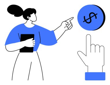 Elinde tablet tutan bir kadın, bir dolar işaretine doğru hareket ediyor, elleri yukarıyı gösteriyor. Finans, yatırım, iş planlaması, karar verme, zenginlik yönetimi, teknoloji entegrasyonu için ideal