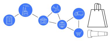 Pano, fabrika, depo, dünya, uçak, kamyon, alışveriş arabası, alışveriş çantası ve teleskop içeren doğrusal dizi. Lojistik üretim dağıtımı için ideal e-ticaret küresel ticareti