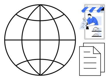 Büyük küre, akıllı telefondan alışveriş yapan insanlar, kağıtlar. Küresel ticaret, e-ticaret, dijital iş, bağlantı, çevrimiçi işlemler için ideal küresel ekonomi sanal belgeleri. Soyut satır düzlüğü