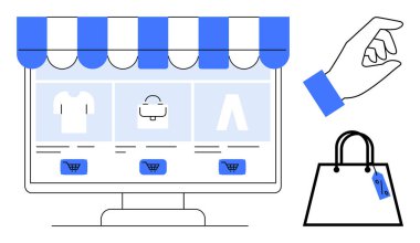 Bilgisayar ekranında giysi ve çantalarla çevrimiçi bir mağaza, alışveriş arabası ikonu, elle seçilen nesne, alışveriş çantası var. Çevrimiçi perakende satış, e-ticaret, dijital pazar, mobil satın alma için ideal