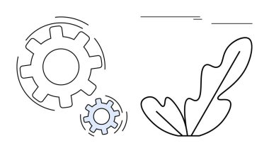 Birbirine kenetlenmiş iki vites, biri büyük diğeri de yaprakları olan bir bitkinin yanında. Yenilik, büyüme, işbirliği, uyum ve teknolojinin sürdürülebilir gelişimi için idealdir. Soyut