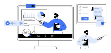 Bilgisayar ekranında grafik ve çizelgelerle veri sunan kişi. Ekranda ödeme işlemleri, ses kaydı ve video arama simgeleri yer alıyor. İş için ideal, uzak çalışma, çevrimiçi sunumlar