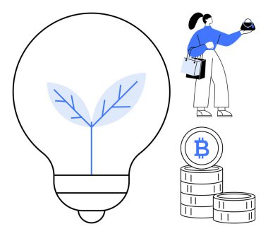 Elinde Bitcoin cüzdanı olan bir kadın bozuk paralar ve içinde büyüyen bir bitki olan bir ampul taşıyor. Fintech, yenilik, yatırım, çevre dostu girişimler, dijital ekonomi için ideal