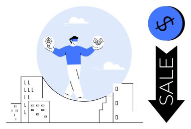 Elinde teçhizat, elinde tokalaşma simgeleriyle sırada yürüyen biri. Aşağıdaki binalar, dolarlı mavi satış tabelası. Müzakereler, ekonomi, ilerleme, kentsel kalkınma, strateji satış işi için ideal