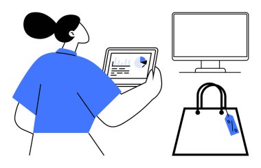İş kadını tablet verilerini analiz ediyor, çizelgeleri gösteriyor. Yanında da fiyat etiketli bir alışveriş çantası var. E-ticaret, çevrimiçi alışveriş, perakende analizi, dijital pazarlama, iş stratejisi için ideal