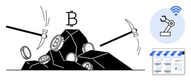 Robot otomasyonun yanındaki bir dağdan şifreli paralar ve dijital bir mağaza simgesi çıkarıyor. Kripto madenciliği, engelleme zinciri, finans teknolojisi, otomasyon, dijital ekonomi için ideal