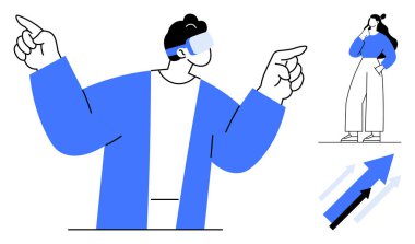 VR kulaklık takan, elleri havada bir adam, telefonla konuşan bir kadın ve yukarı doğru ok atan bir kadın. Teknoloji, VR, iletişim, iş büyümesi, gelecekteki eğilimler, yenilik modern yaşam tarzı temaları için ideal