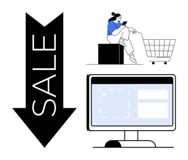 Kadın, el arabasının yanında kontrol cihazı, büyük satış oku, bilgisayar ekran düzeni. E-ticaret, çevrimiçi alışveriş, indirimler, tüketici davranışı, pazarlama, kullanıcı etkileşimi dijital ticaret için ideal