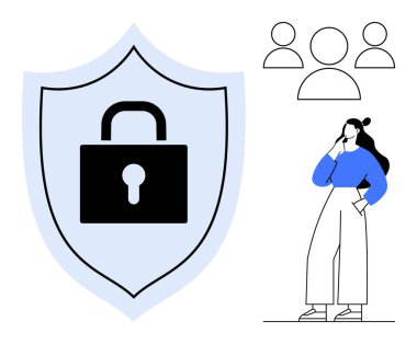 Kalkandaki kilit güvenliği temsil ediyor. Kadın, üç kişilik bir grubun yanında düşünür. Dijital güvenlik, mahremiyet, işbirliği, koruma ve siber güvenlik konularındaki tartışmalar için ideal