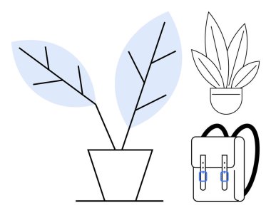 Minimum siyah çizgileri olan büyük mavi yapraklı bitki, daha küçük saksı bitkisi, mavi tokalı modern sırt çantası. Doğa, seyahat, modern yaşam tarzı, basitlik, minimalizm, organizasyon için ideal