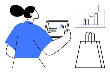 İş kadını, tabletteki satış verilerini turta grafiği, büyüme tablosu ve alışveriş poşeti ile gözden geçiriyor. Perakende, iş büyümesi, çevrimiçi alışveriş, e-ticaret, veri analizi, pazarlama için ideal