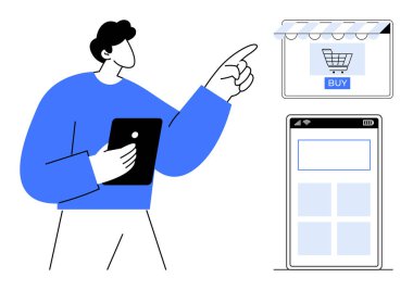 Satın alma düğmesiyle online alışveriş penceresinde elinde tablet tutan adam e-ticareti gösteriyor. Dijital alışveriş, çevrimiçi mağaza, e-ticaret, dijital pazarlama, mobil ticaret, müşteri ilişkileri için ideal