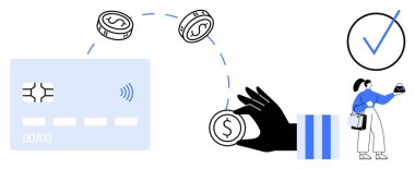 Elle para transferi dijital olarak, kredi kartının üstünde paralar beliriyor, telefonu çantayla tutan kişi, kontrol işareti doğruluyor. Finans, e-ticaret, dijital ödemeler, çevrimiçi için ideal