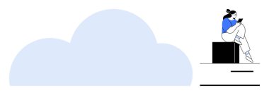 Büyük açık mavi bulut şeklinin yanında, siyah bir blokta oturmuş kitap okuyan bir kadın. Bulut bilgisayarı, teknoloji, uzaktan çalışma, veri depolama, dijital eğitim, çevrimiçi okuma, rahatlama için idealdir. Çizgi