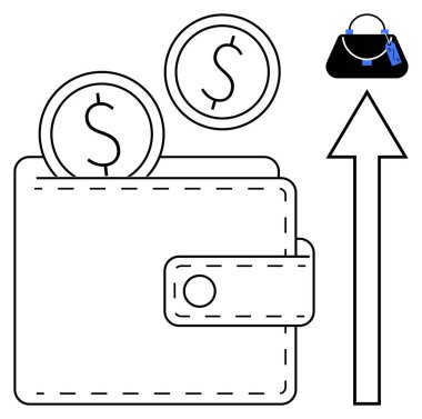 Bozuk paralı cüzdan simgesi ve mali büyüme, harcama, yatırım ve tasarrufları temsil eden bir el çantasını gösteren yukarı doğru bir ok. Finans, bütçe, ekonomi, perakende, yatırım için ideal