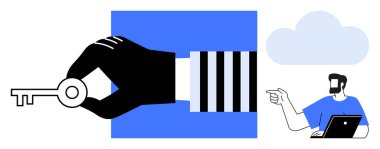 Mavi arka planda el ele tutuşan, dizüstü bilgisayarı olan, bulut simgesini gösteren, erişimi, güvenliği ve teknolojiyi temsil eden adam. Dijital güvenlik, bulut hesaplama, veri erişimi ve iş için ideal