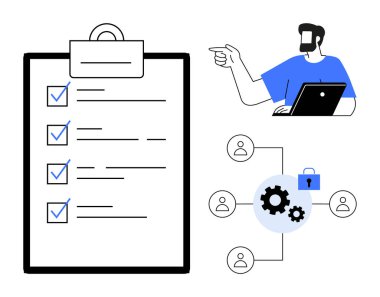 Panodaki kontrol listesine bakan dizüstü bilgisayarı olan adam, dişli ağ şeması ve asma kilit. Takım çalışması, proje planlaması, görev yönetimi, ağ güvenliği, iş akışı organizasyonu için ideal