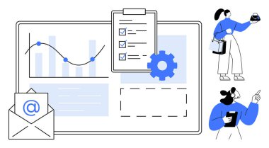 İş ekibi dizüstü bilgisayardaki verileri analiz ediyor, e-posta gönderiyor, kontrol listesi, çizelge, dişli simgesi kullanıyor. Proje yönetimi, takım çalışması, dijital iletişim, verimlilik verimlilik organizasyonu için ideal