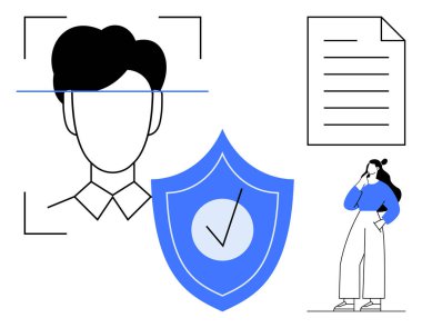 Biyometrik yüz taraması, işaretli güvenlik kalkanı, belge, düşünceli kadın. Kimlik doğrulama, veri koruması, siber güvenlik, gizlilik, güvenlik dijital güvenlik erişimi için ideal