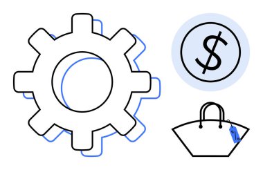 Dişliler endüstriyi temsil ediyor, dolar işareti finansal yönleri vurguluyor ve alışveriş torbası perakendeciyi sembolize ediyor. İş, finans, ticaret, sanayi, pazarlama, perakende ekonomi temaları için ideal