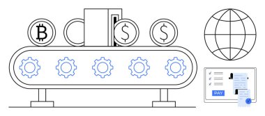 Bitcoin, kredi kartı ve dolar sembolleri bir taşıma bandı üzerinde dişliler, bir küre ve bir ödeme makbuzu. Finans, teknoloji, otomasyon, kripto para birimi küresel işlemler için ideal dijital